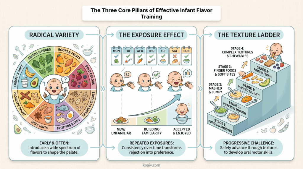 Infant Flavor Training: How the First 18 Months Shape a Child's Lifelong Relationship with Food 3 The-Three-Core-Pillars-of-Effective-Infant-Flavor-Training