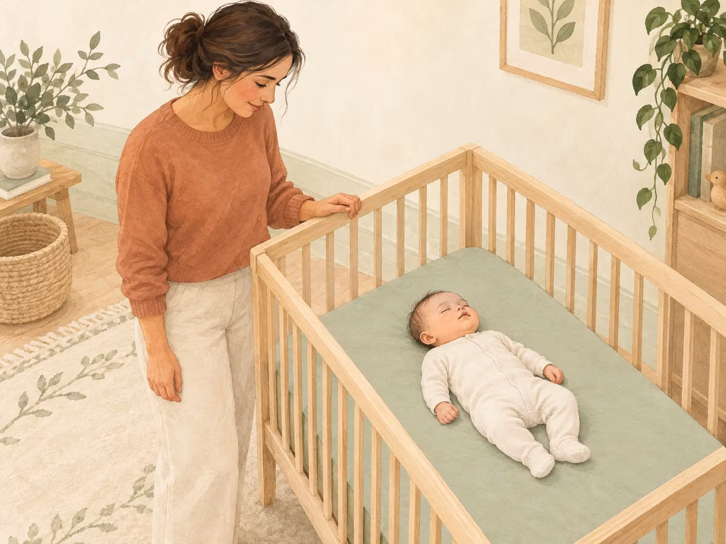 A Gentle Bedtime Rhythm An awake parent watches over a baby lying on their back in a clear wooden crib with a fitted sheet